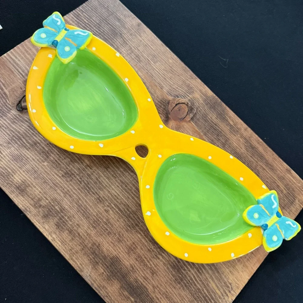 Dennis East Ceramic Sunglasses Divided Serving Dish Yellow Polka Dot Butterfly